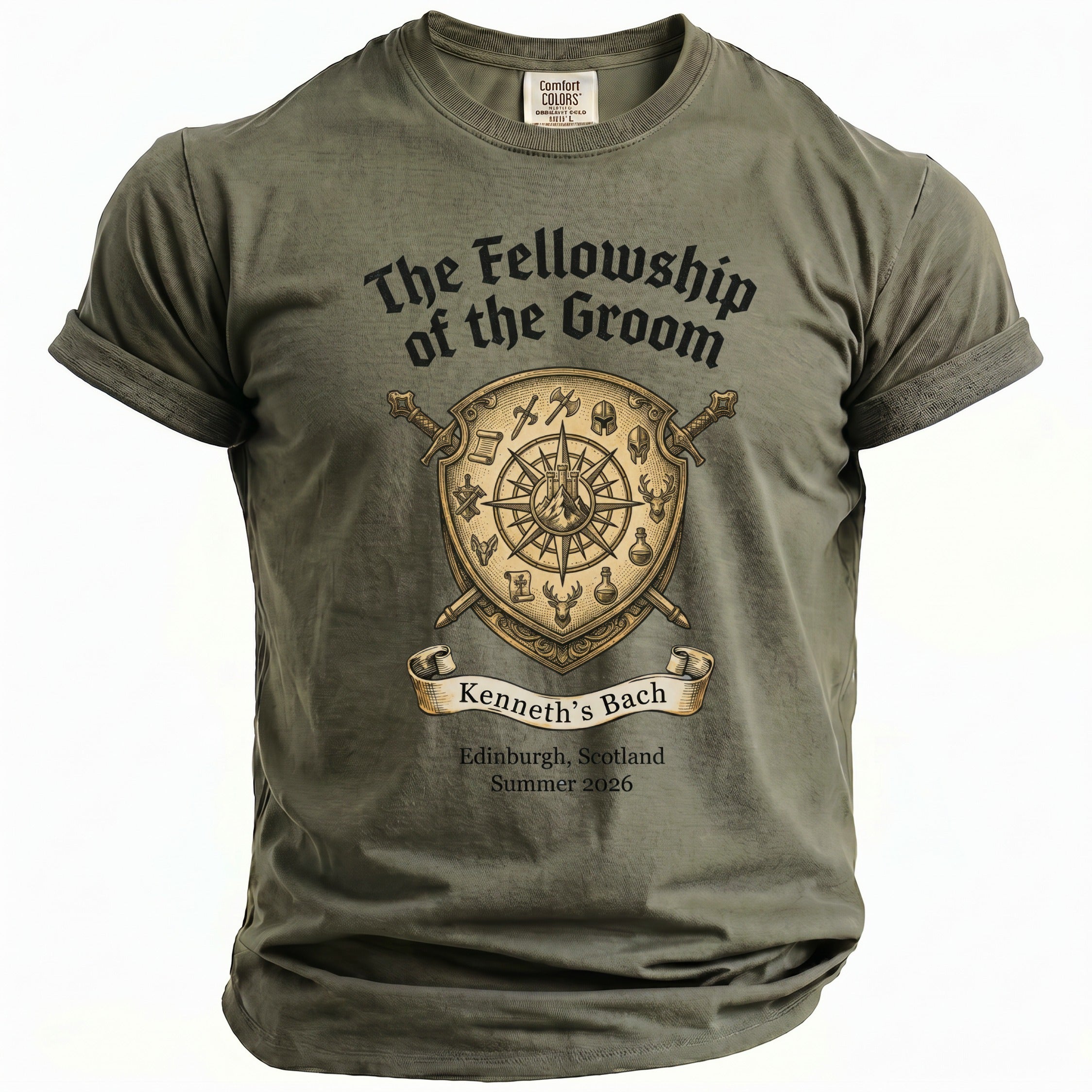 Olive green t-shirt with "The Fellowship of the Groom" and "Kenneth's Bach" text.