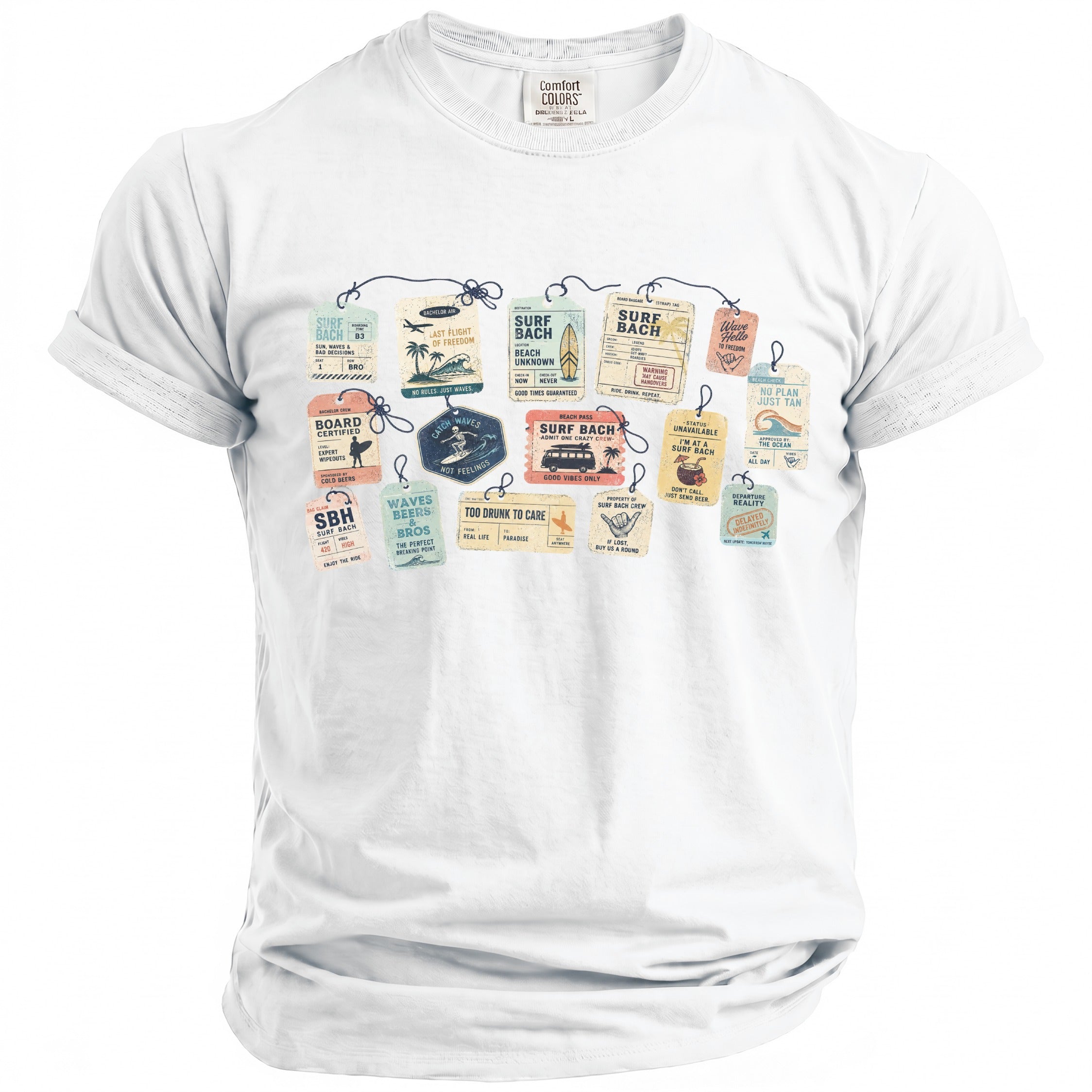 White t-shirt with graphic of vintage travel tags and surf-themed phrases.