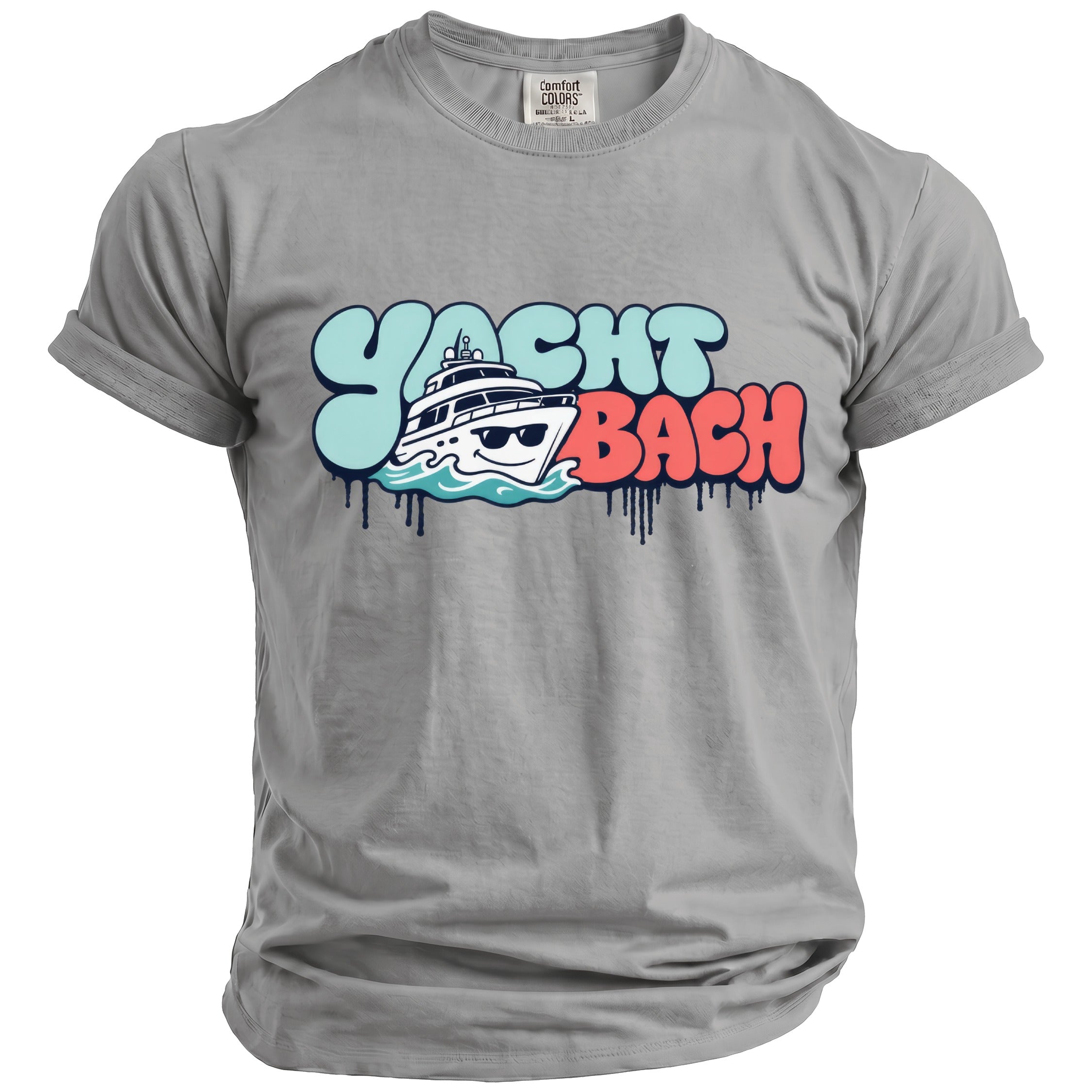 Grey t-shirt with "Yacht Bach" graphic featuring a boat and dripping paint.