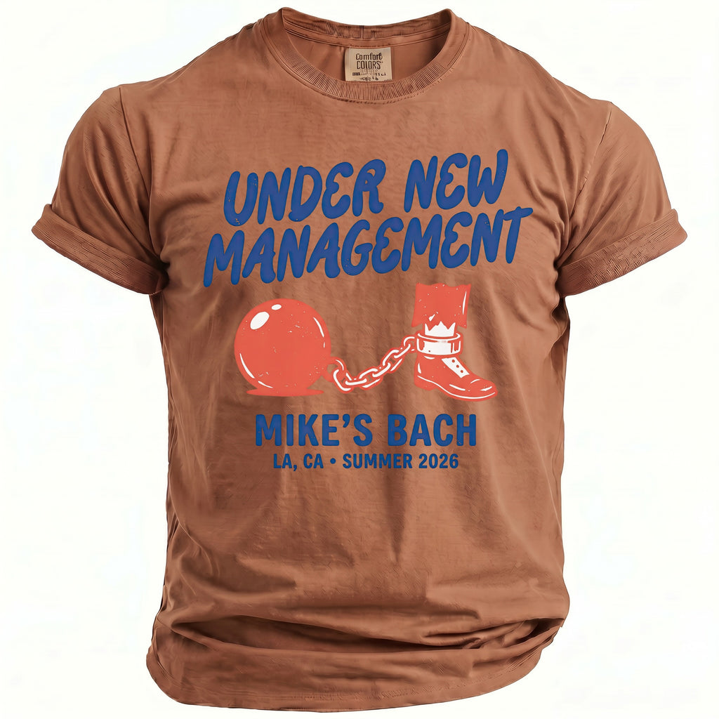 Brown t-shirt with "Under New Management" and "Mike's Bach" graphics.