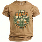 Brown t-shirt with graphic of a man holding beer steins and text "EIN BACH BITTE".