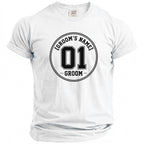 White t-shirt with black text reading "[GROOM'S NAME] 01 - GROOM."