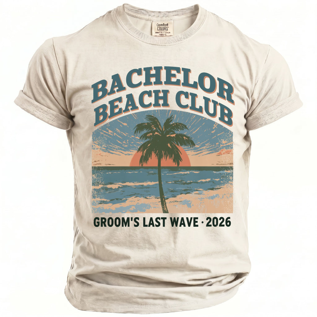 Bachelor Beach Club graphic with palm tree, sunset, and "Groom's Last Wave 2026".