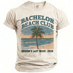 Bachelor Beach Club graphic with palm tree, sunset, and "Groom's Last Wave 2026".
