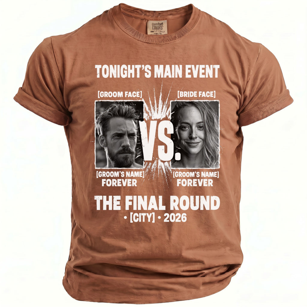 T-shirt with "Tonight's Main Event" design featuring bride and groom images and text.
