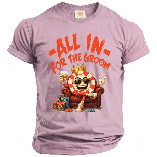 T-shirt with "ALL IN FOR THE GROOM" text and a cartoon poker chip character.