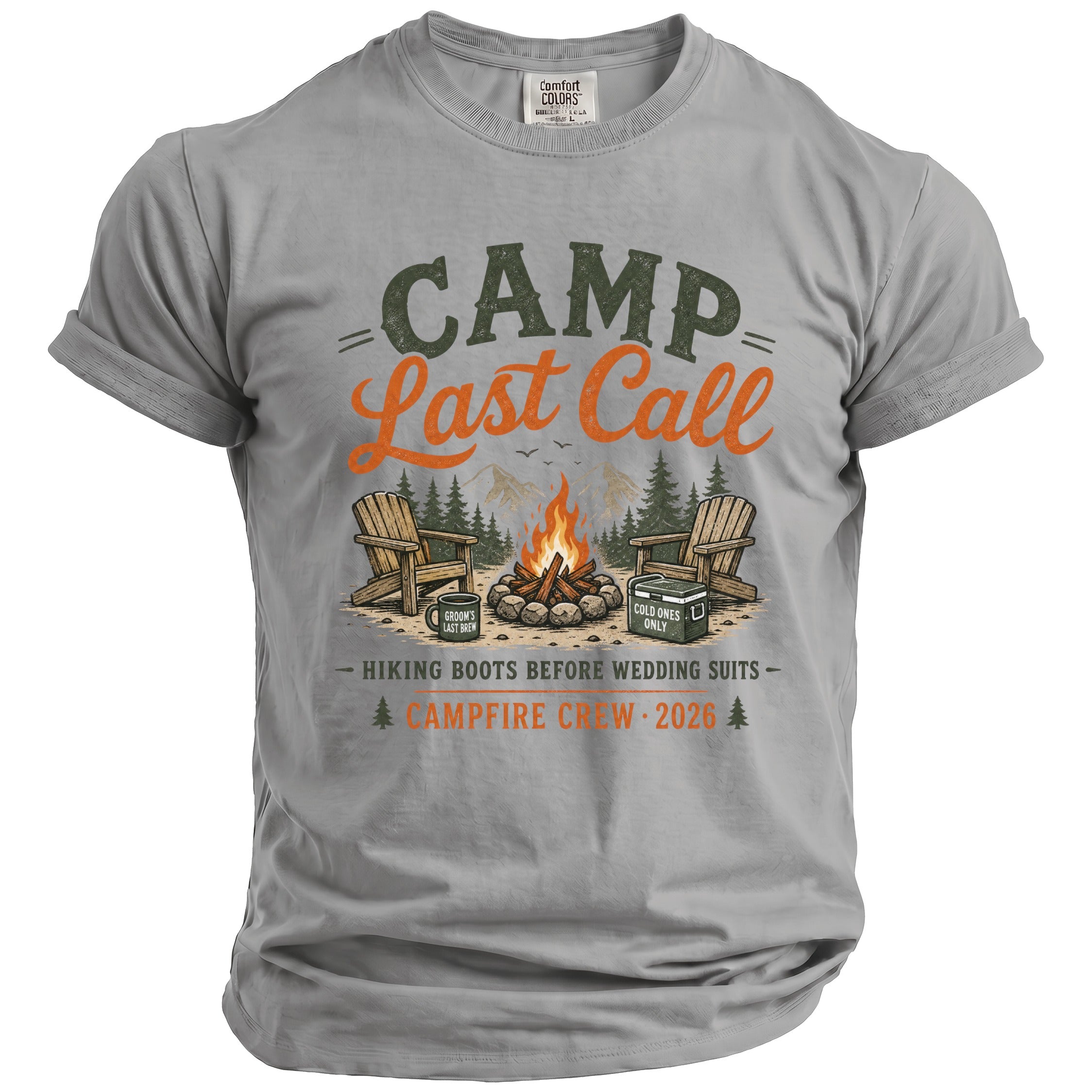 Gray t-shirt with "Camp Last Call" and campfire scene graphic.