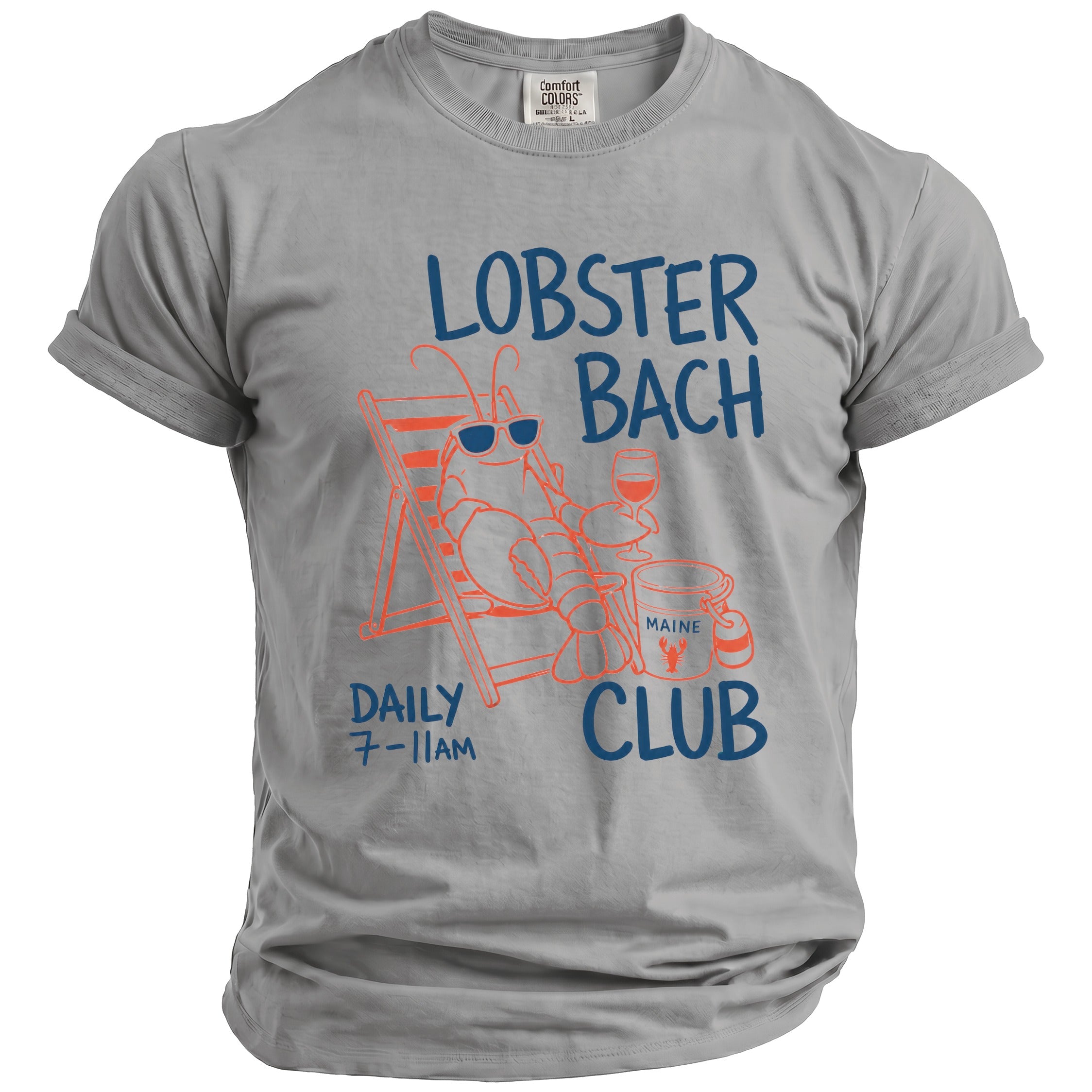 Gray t-shirt with "Lobster Bach Club" graphic featuring a lobster on a chair.