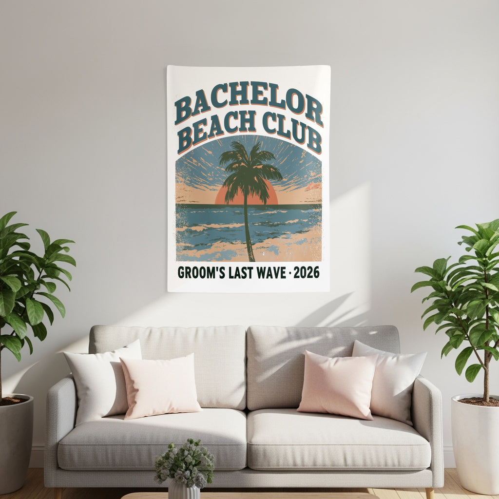 Tapestry with "Bachelor Beach Club Groom's Last Wave 2026" text and palm tree at sunset.