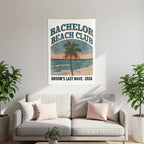 Tapestry with "Bachelor Beach Club Groom's Last Wave 2026" text and palm tree at sunset.