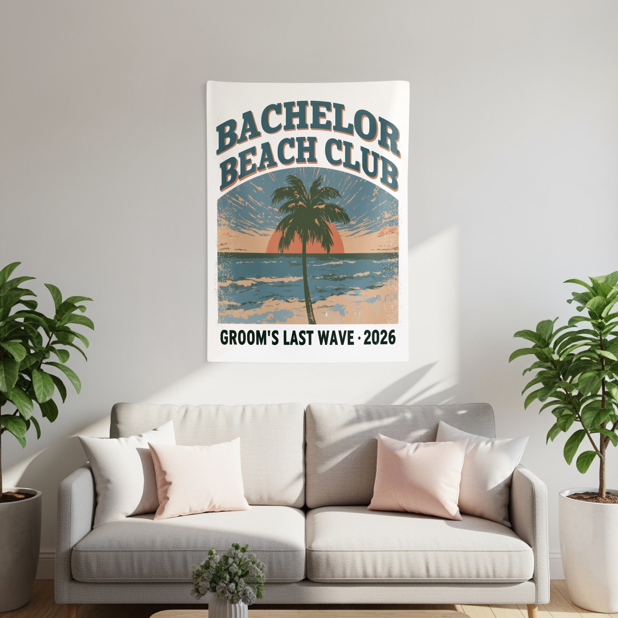 Tapestry with "Bachelor Beach Club Groom's Last Wave 2026" text and palm tree at sunset.