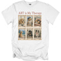 White t-shirt with "ART is My Therapy" and six dog-themed postage stamps.