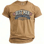 Tan t-shirt with "BEST MAN OFFICIALLY APPOINTED BACHELOR PARTY 2026" design.