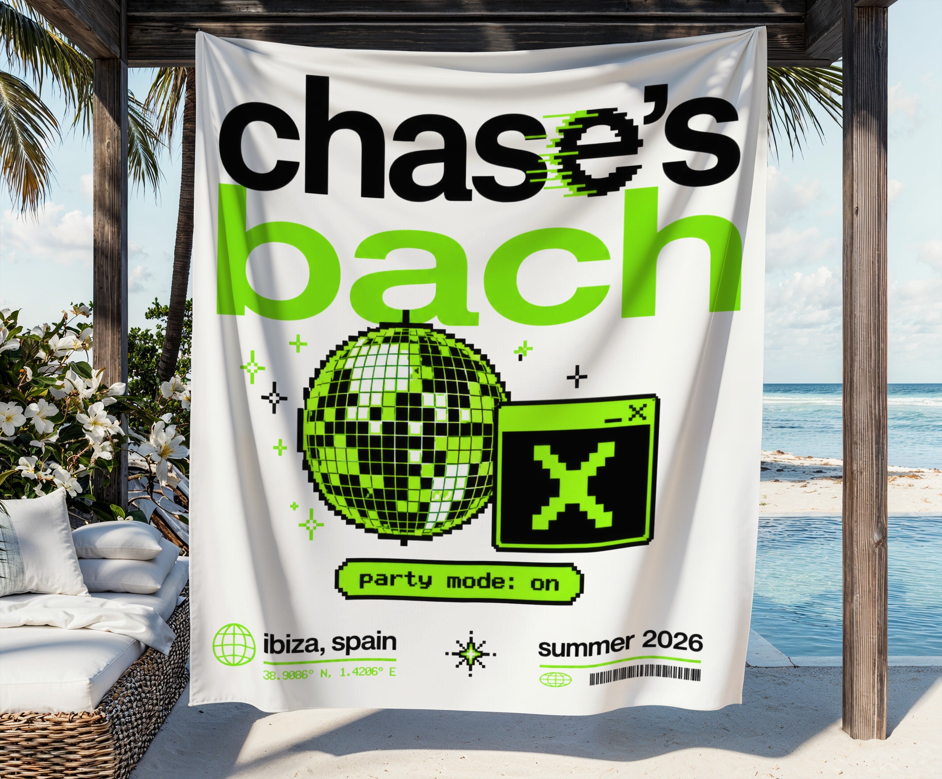 Chase's Bach flag with disco ball, pixelated X, and text: Ibiza, Spain, Summer 2026.