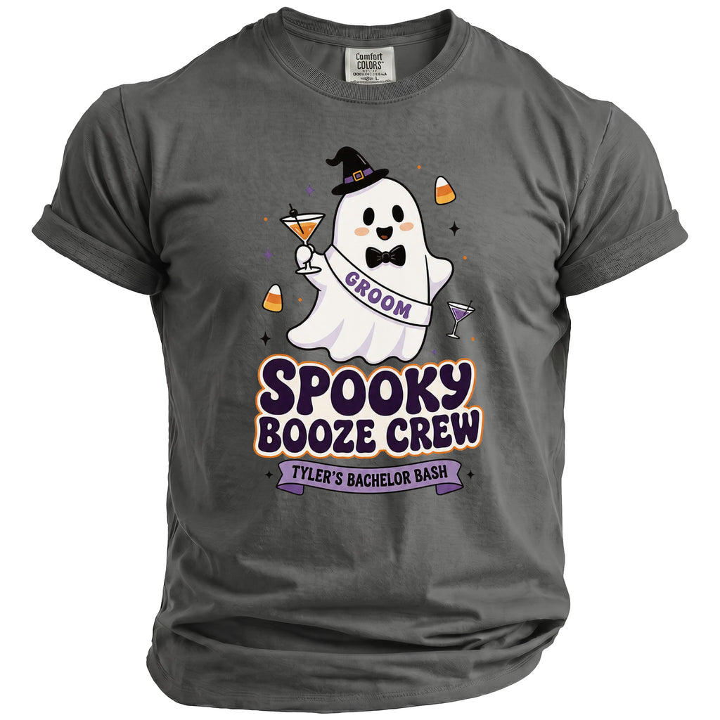Gray t-shirt with a ghost groom wearing a witch hat and a "GROOM" sash.
