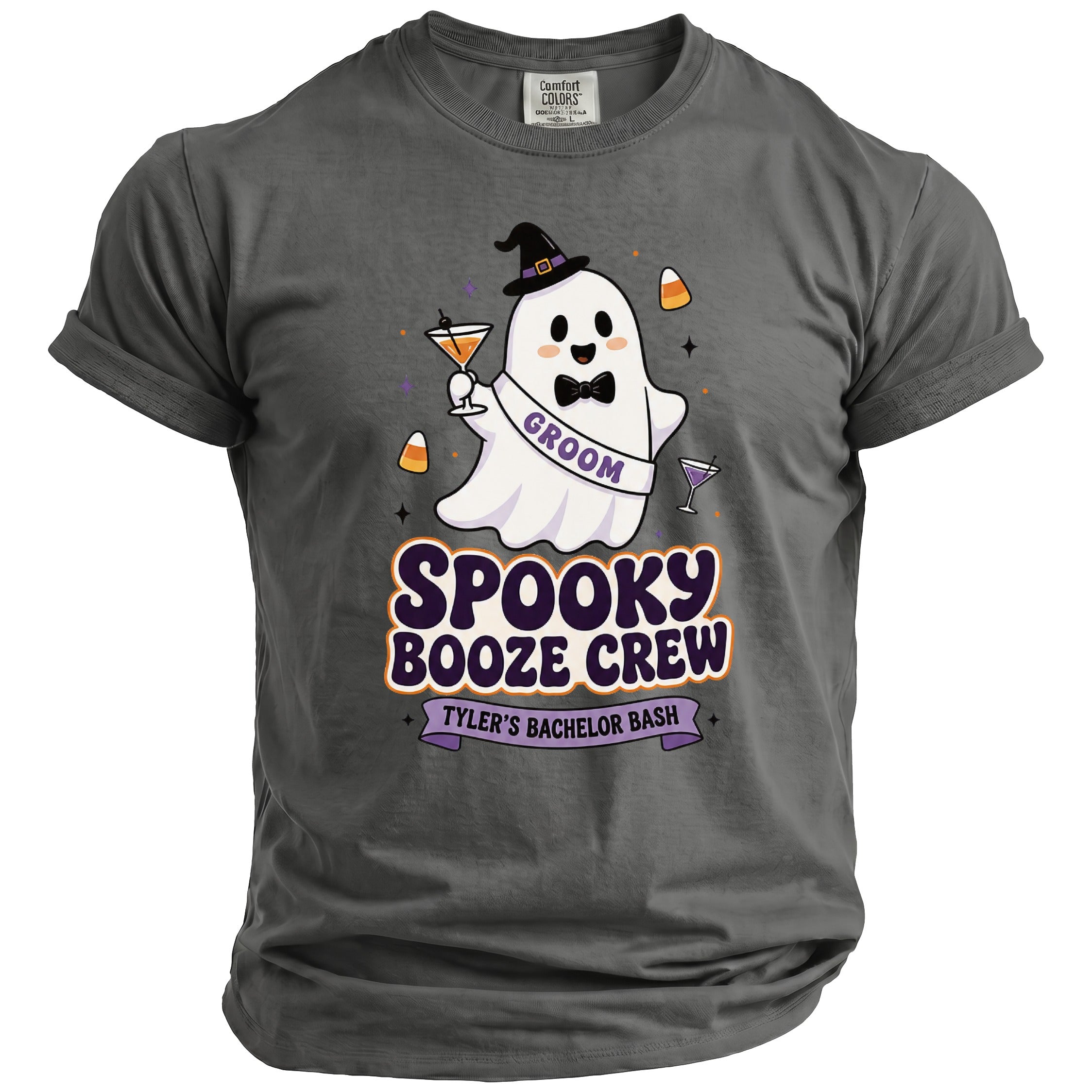 Gray t-shirt with a ghost groom wearing a witch hat and a "GROOM" sash.