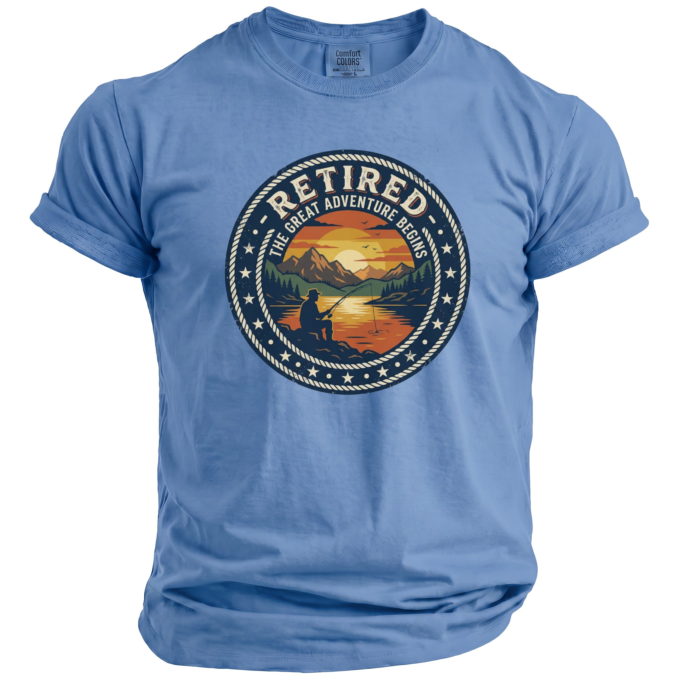 Light blue t-shirt with "Retired The Great Adventure Begins" fishing scene graphic.