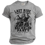 Dragon on motorcycle graphic with "Last Ride Before The Ring" and "Bachelor Party" text.