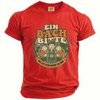 Red t-shirt with a graphic of a man holding beer mugs and text "EIN BACH BITTE ONE LAST STEIN BEFORE THE RING".