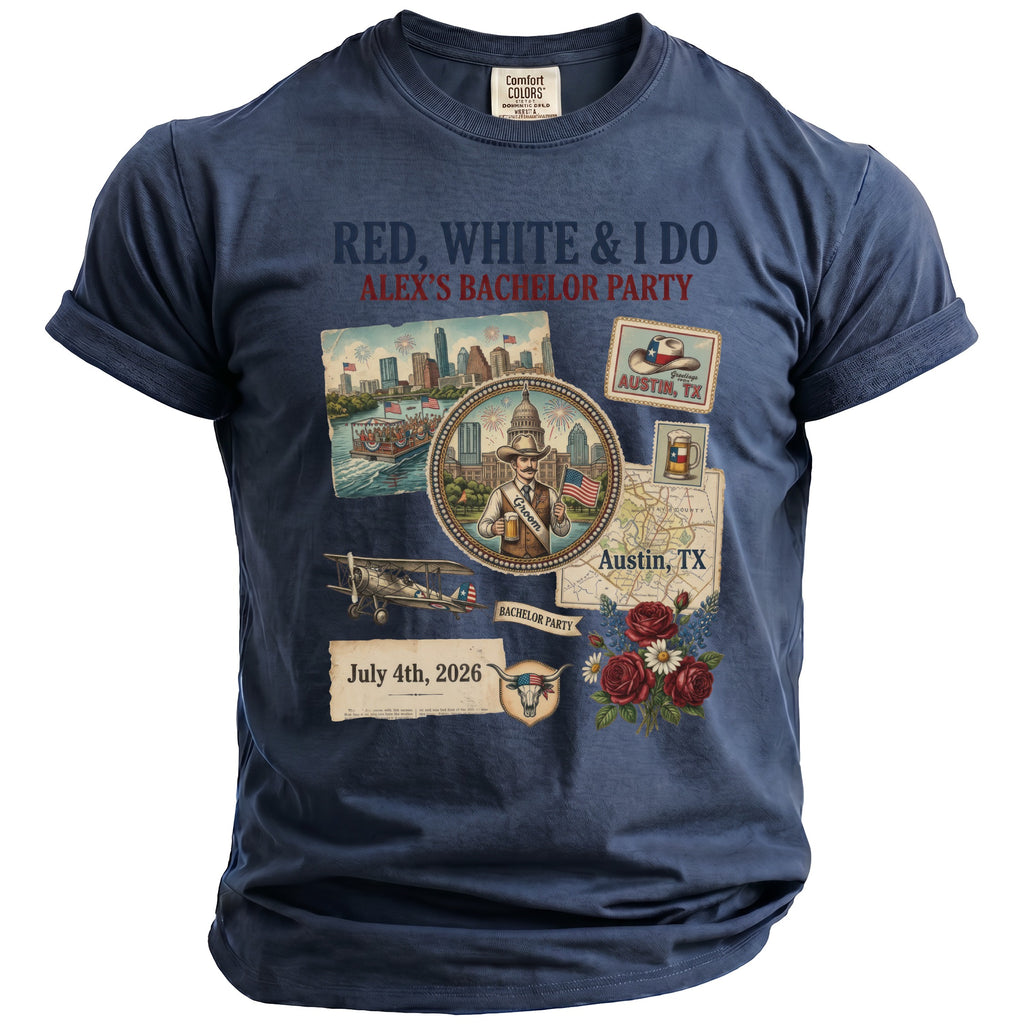 Alex's Bachelor Party t-shirt with "Red, White & I Do" text and Austin-themed graphics.