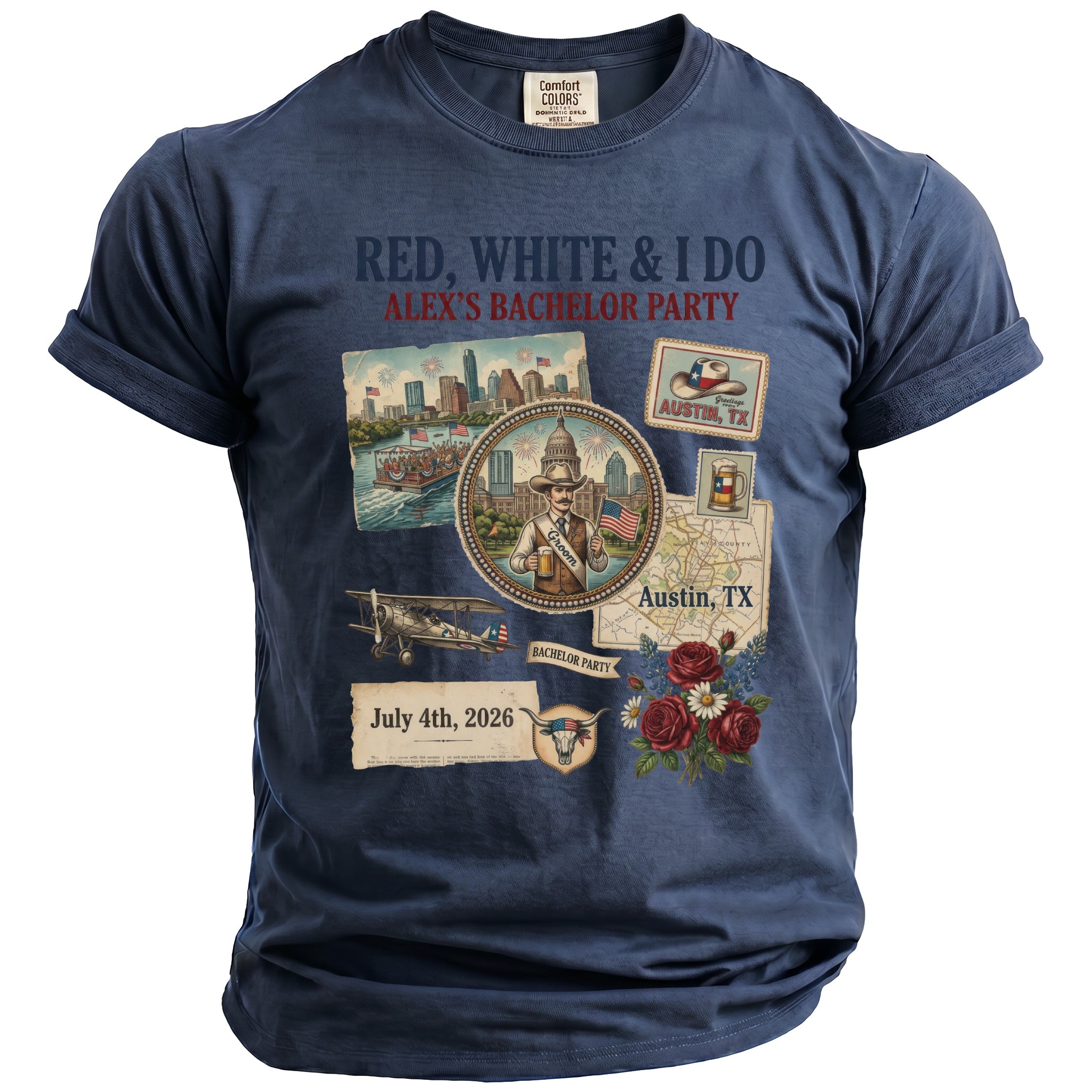 Alex's Bachelor Party t-shirt with "Red, White & I Do" text and Austin-themed graphics.