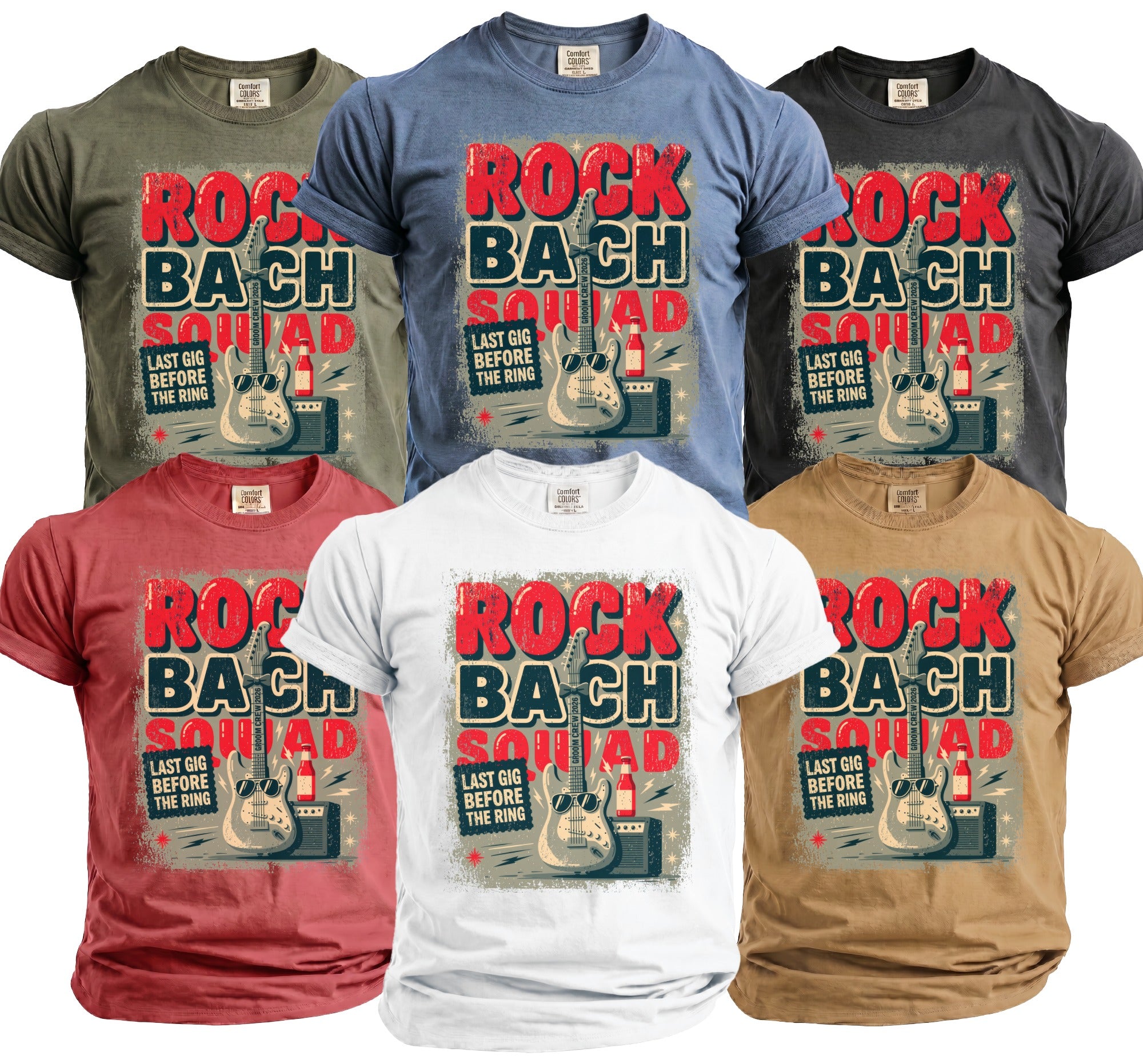 T-shirts with "Rock Bach Squad Last Gig Before The Ring" graphic and guitar.