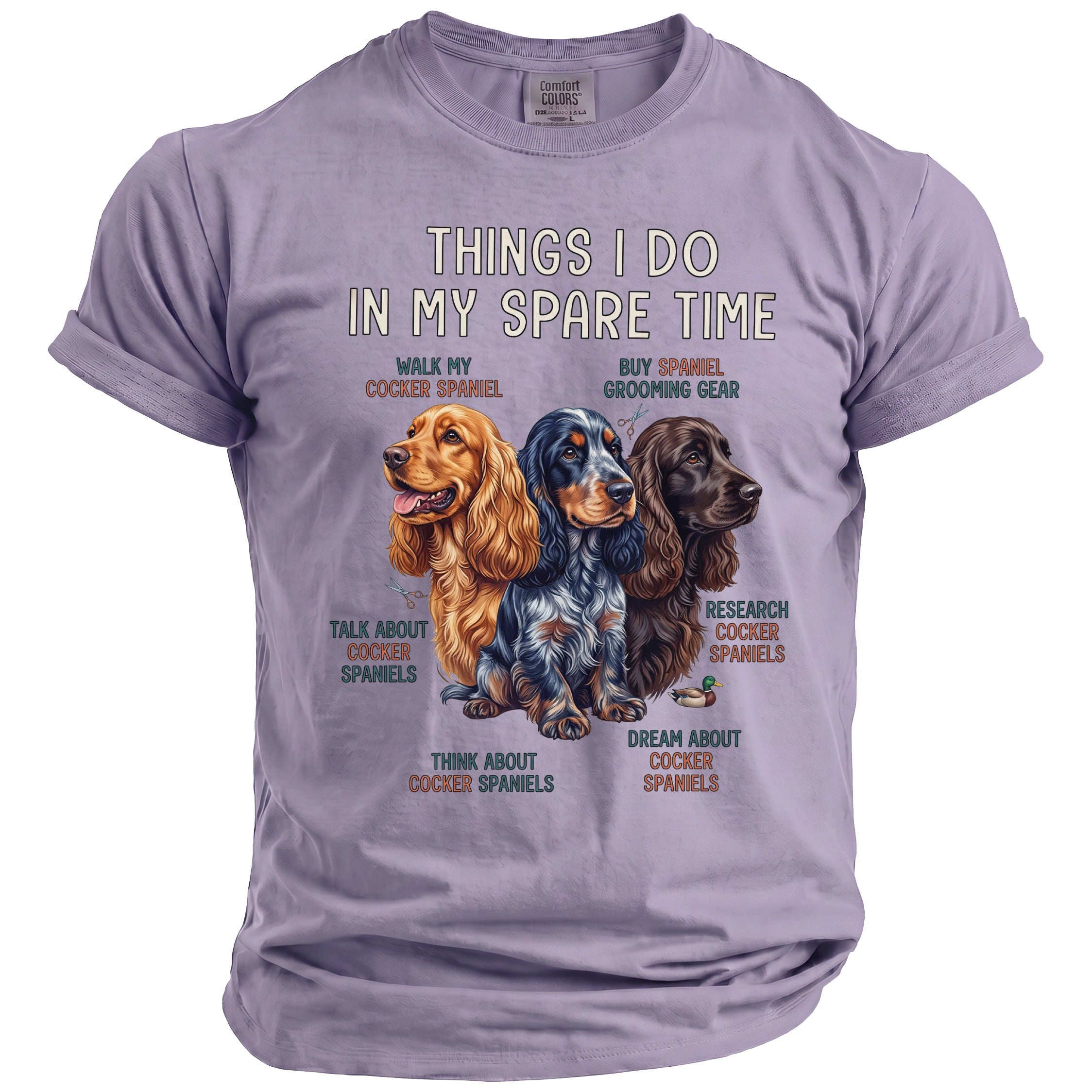 Purple t-shirt with three Cocker Spaniels and text about spare time activities.