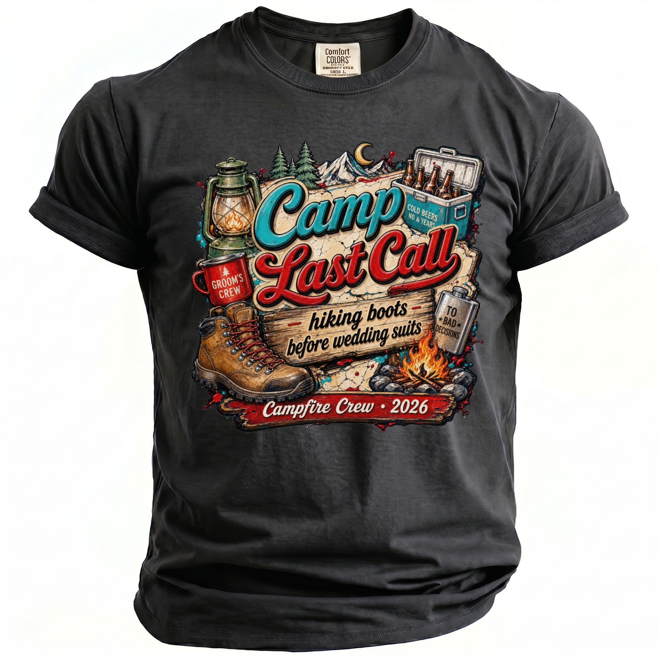 A dark gray t-shirt with a camping-themed graphic and text that reads Camp Last Call.