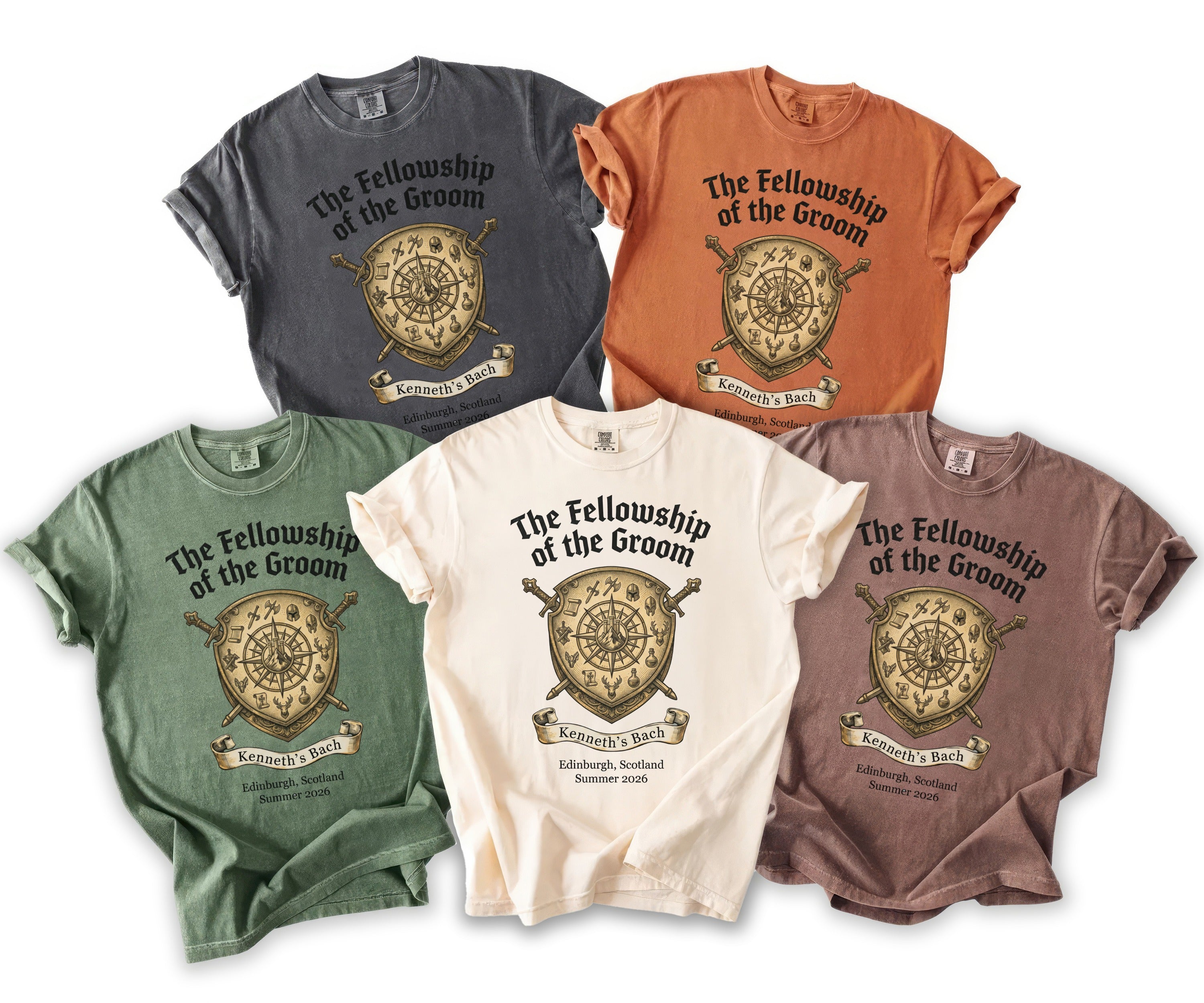 Five t-shirts in different colors display "The Fellowship of the Groom" and shield design.