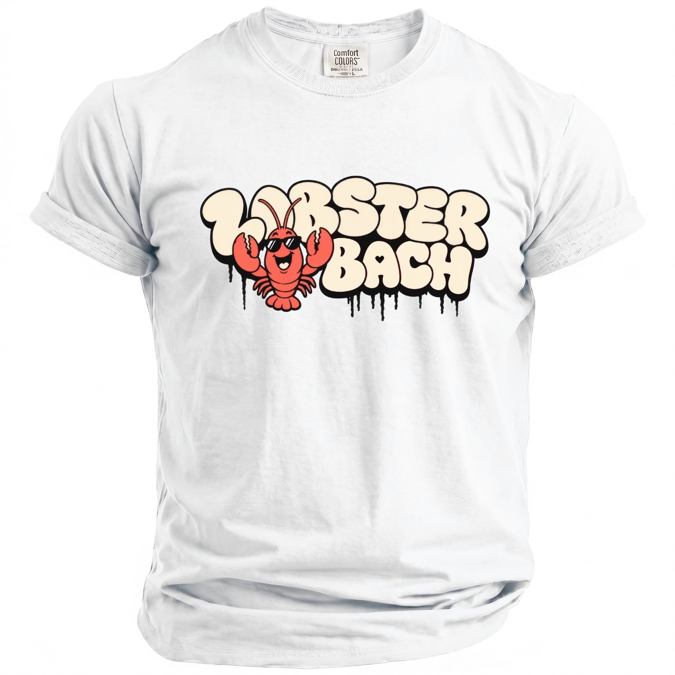 White t-shirt with a lobster and "Lobster Bach" text graphic.