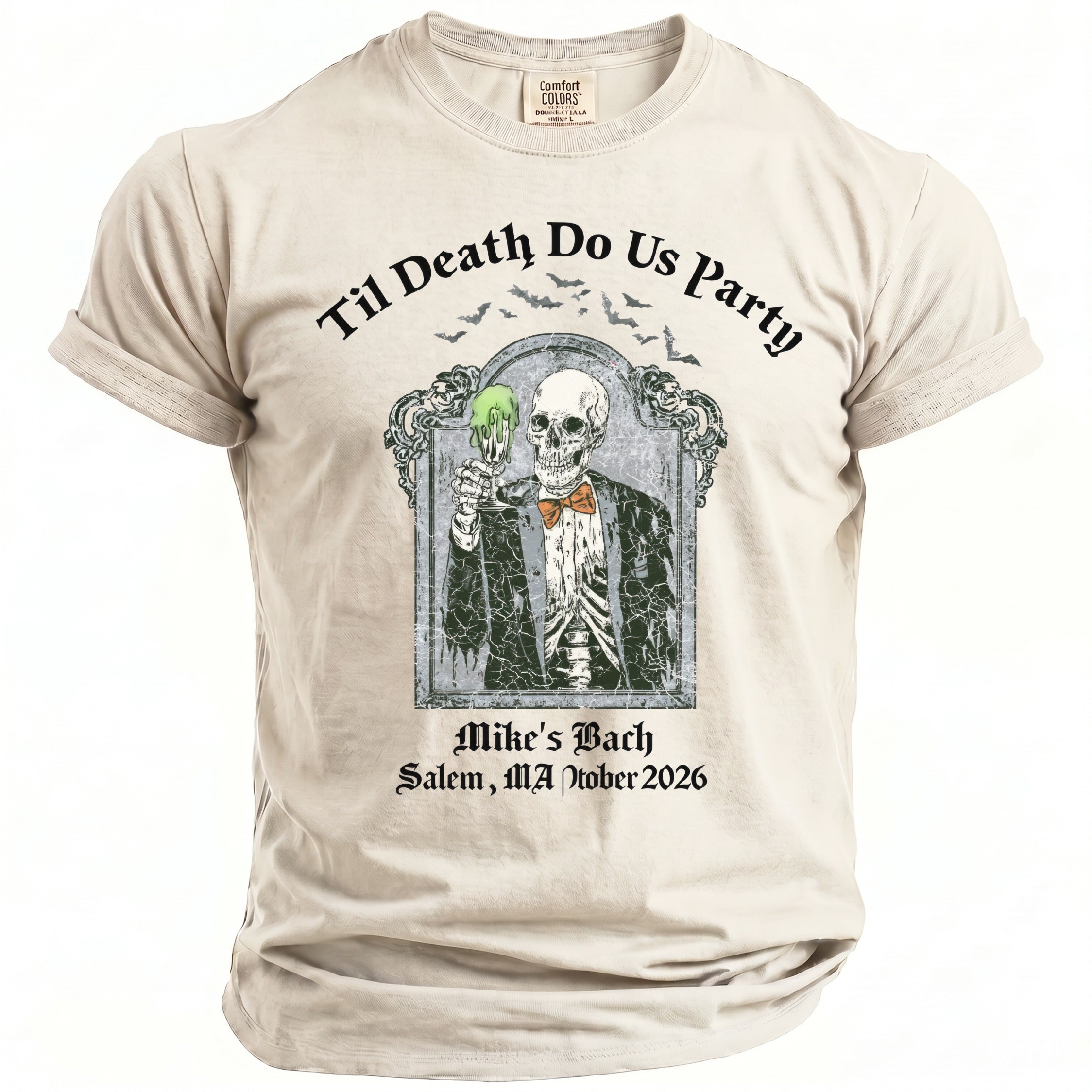 T-shirt with skeleton in suit, holding green drink, says "Til Death Do Us Party".