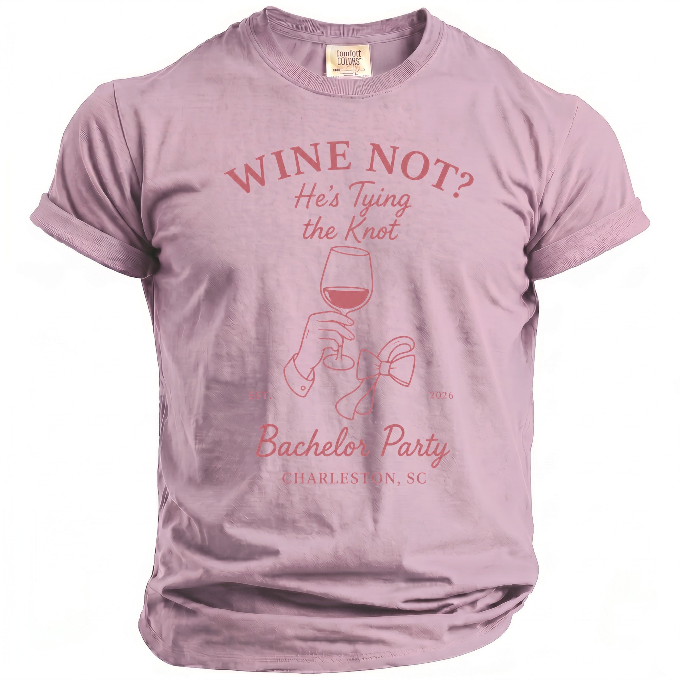 Purple t-shirt with "WINE NOT? He's Tying the Knot Bachelor Party Charleston, SC" text.