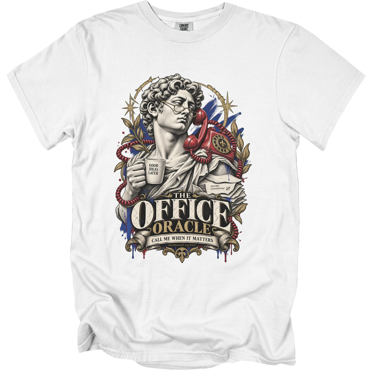 White t-shirt featuring "The Office Oracle" design with a statue, phone, and coffee cup.