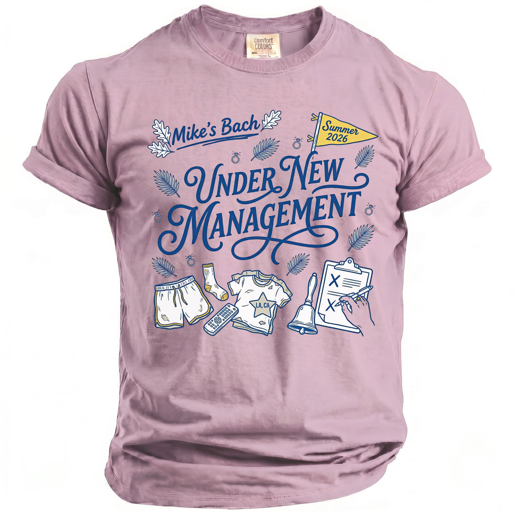 Lavender Comfort Colors t-shirt with "Mike's Bach Under New Management" design.