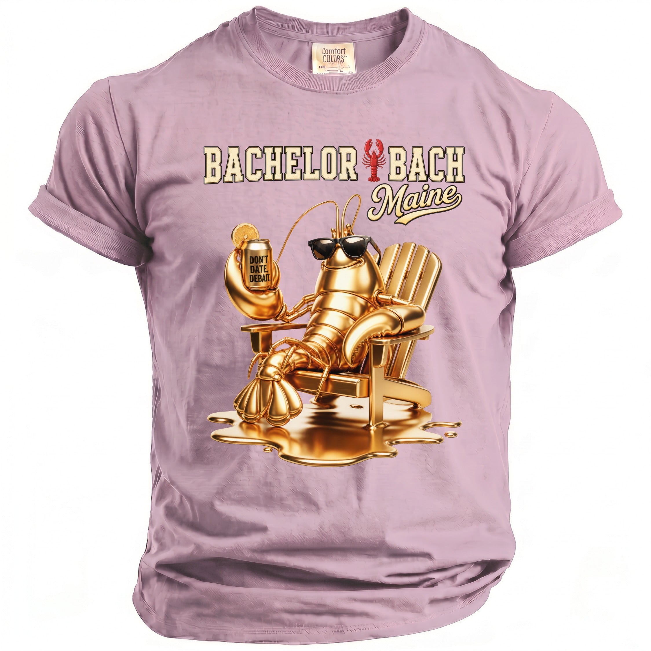 Golden lobster in chair holding can with text "Don't Date, Debate".