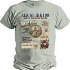 T-shirt with "Red, White & I Do Alex's Bachelor Party" and Austin-themed graphics.