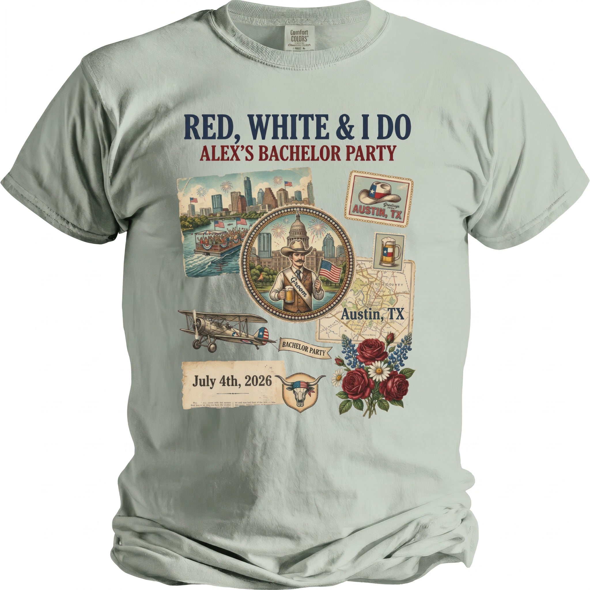 T-shirt with "Red, White & I Do Alex's Bachelor Party" and Austin-themed graphics.