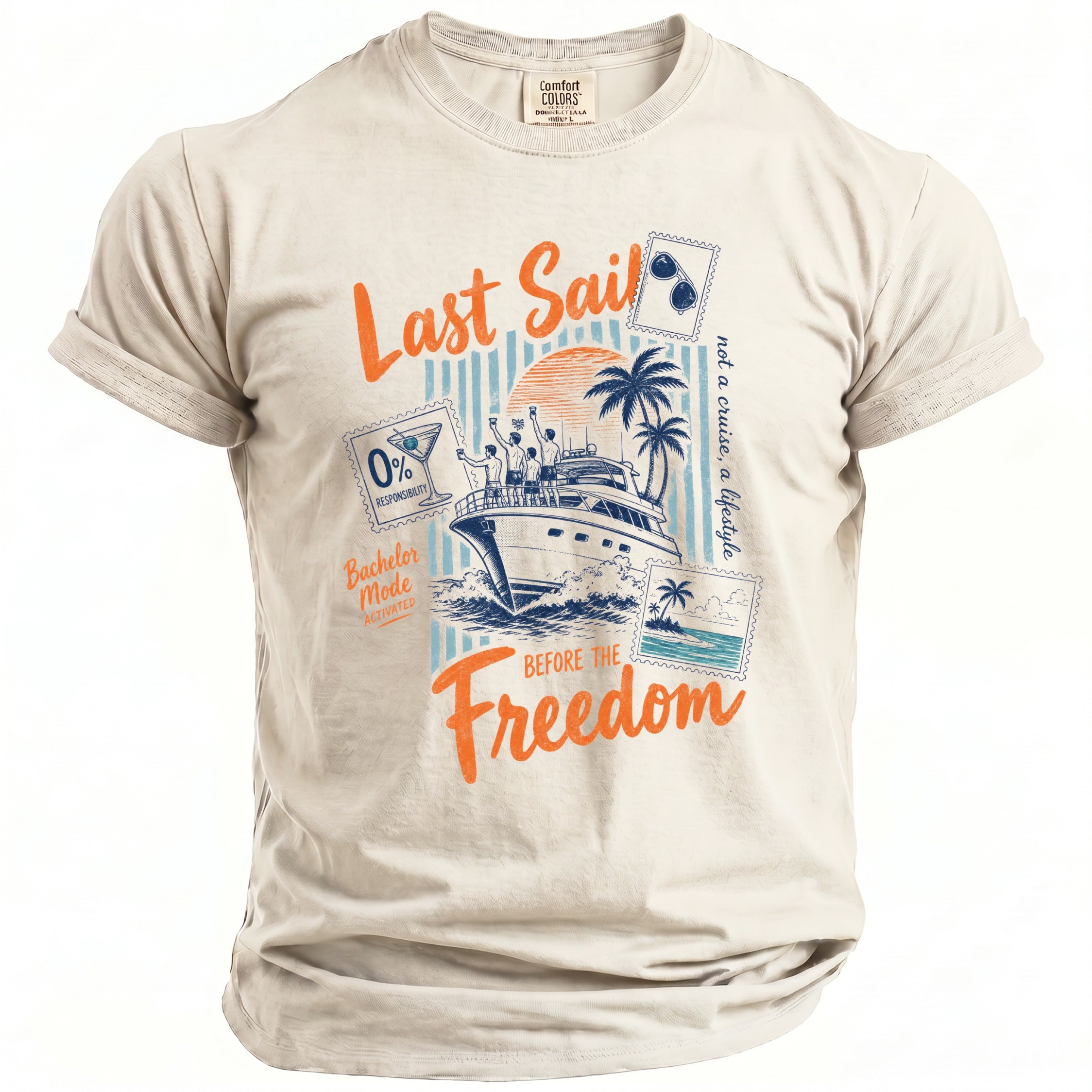 T-shirt with graphic of a yacht, palm trees, and text "Last Sail Before the Freedom".
