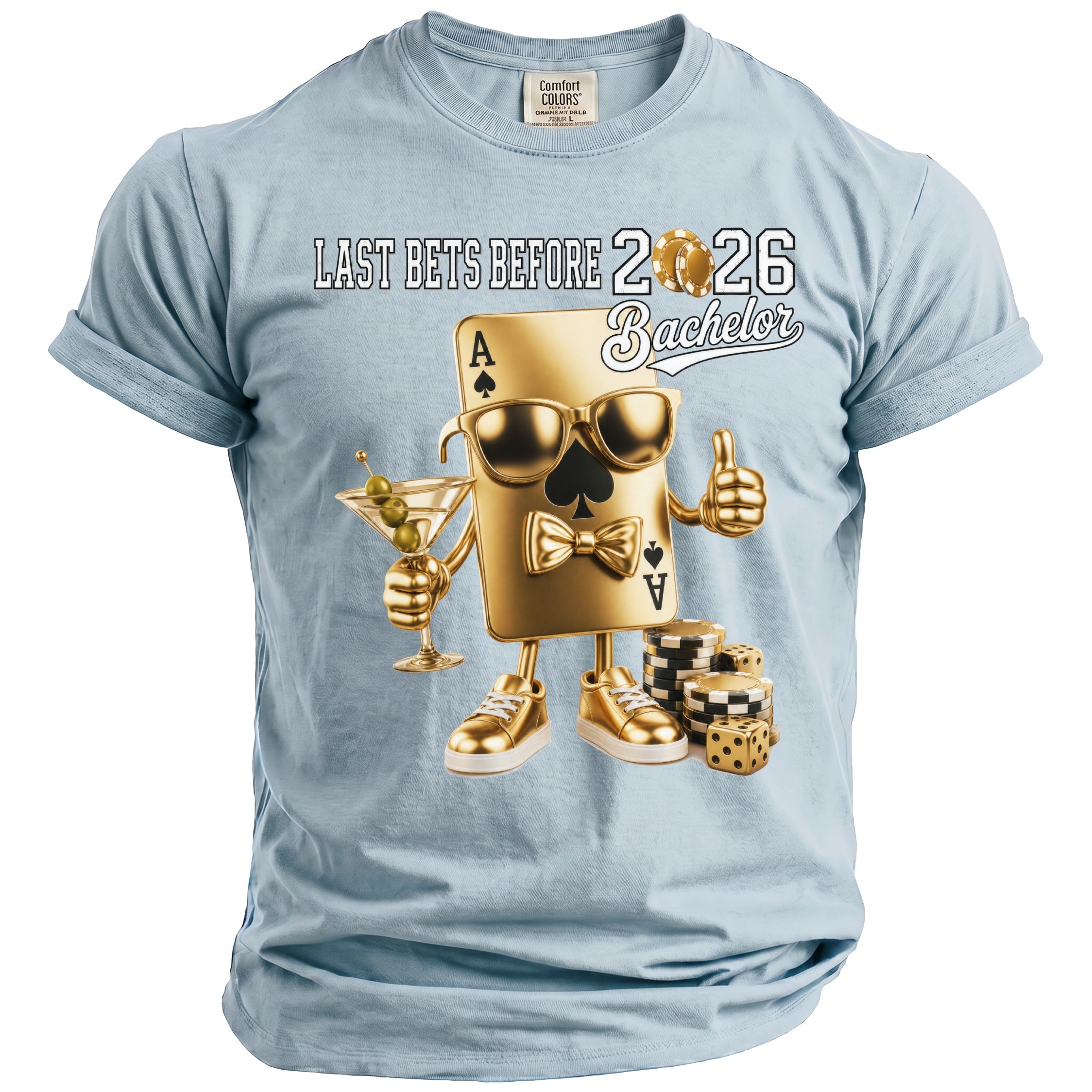 Golden Ace of Spades with martini, dice, and chips, "Last Bets Before 2026 Bachelor".