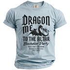 Light blue t-shirt with black text and dragon graphic for a "Bachelor Party".