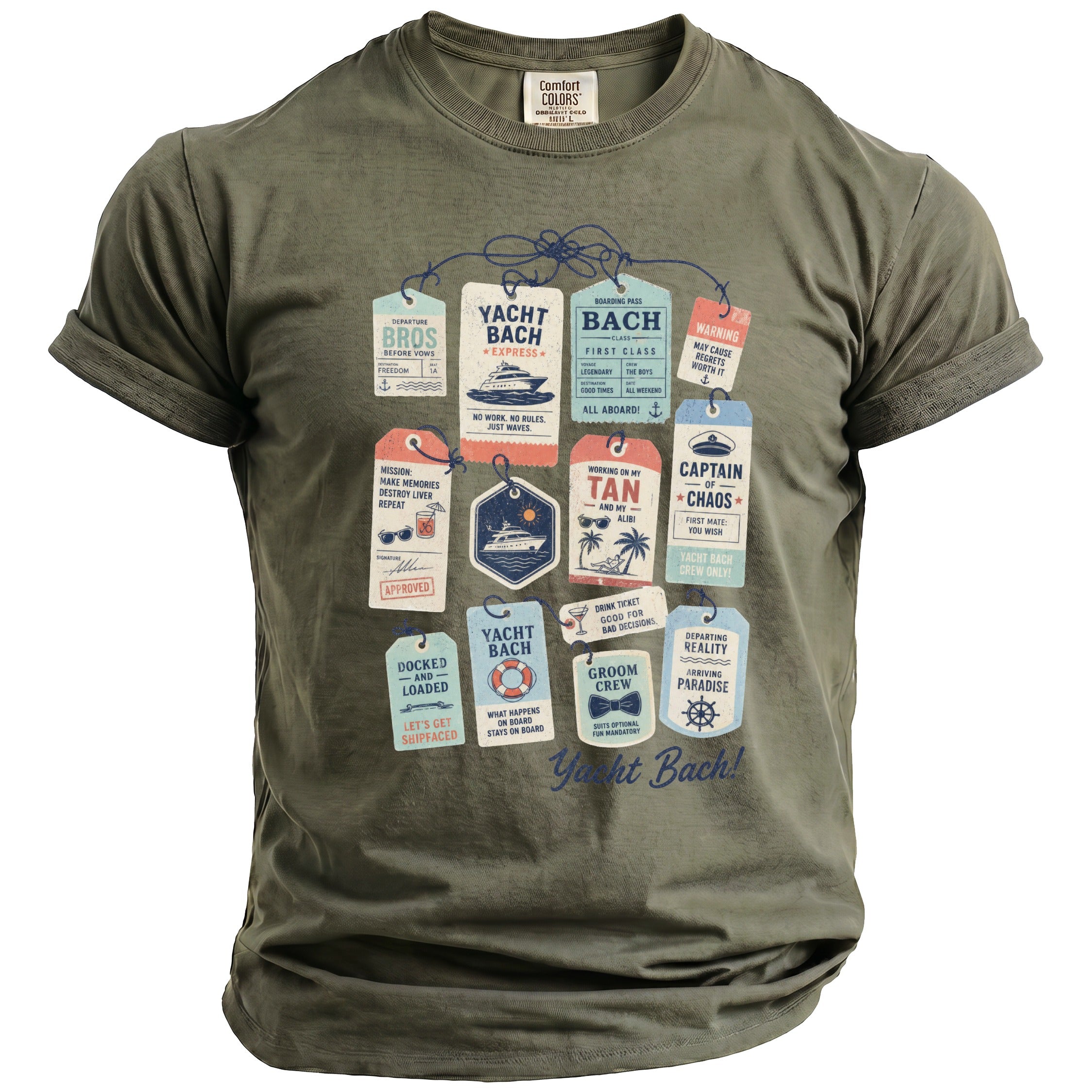 Green t-shirt with "Yacht Bach" graphic featuring numerous decorative luggage tags.