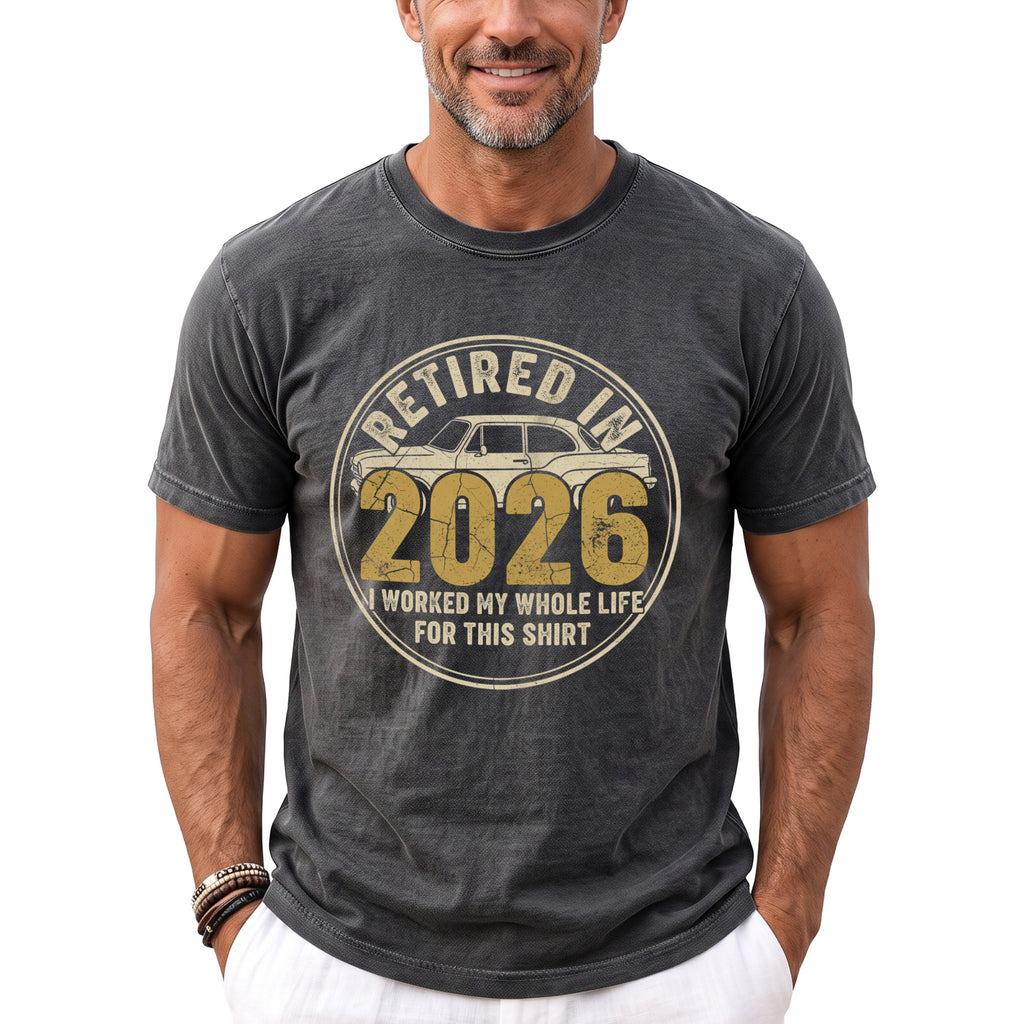 Dark grey t-shirt with "Retired in 2026" and a vintage car graphic.