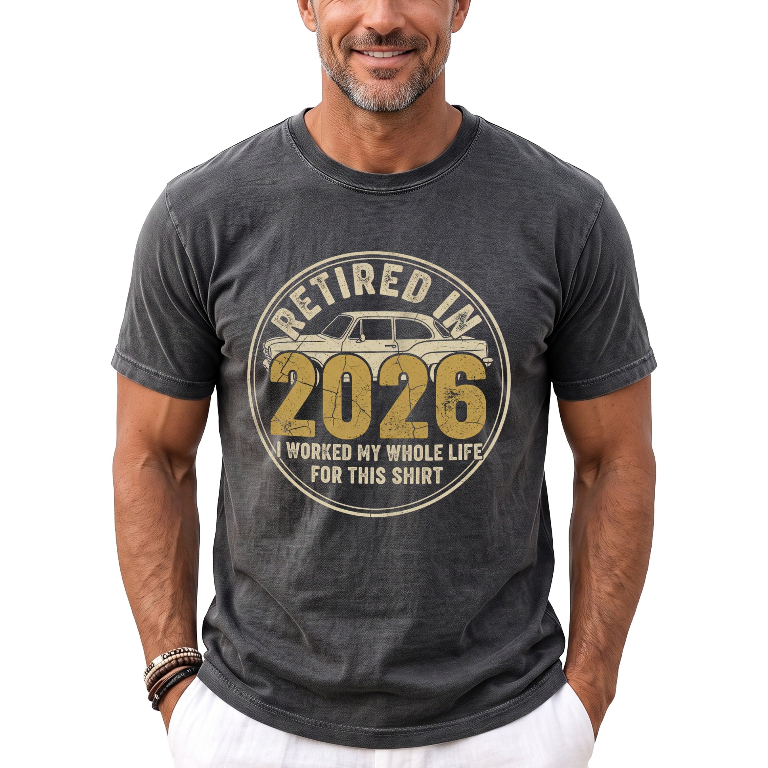 Dark grey t-shirt with "Retired in 2026" and a vintage car graphic.