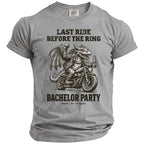 Gray t-shirt with a dragon on a motorcycle, text reads "Last Ride Before the Ring Bachelor Party".