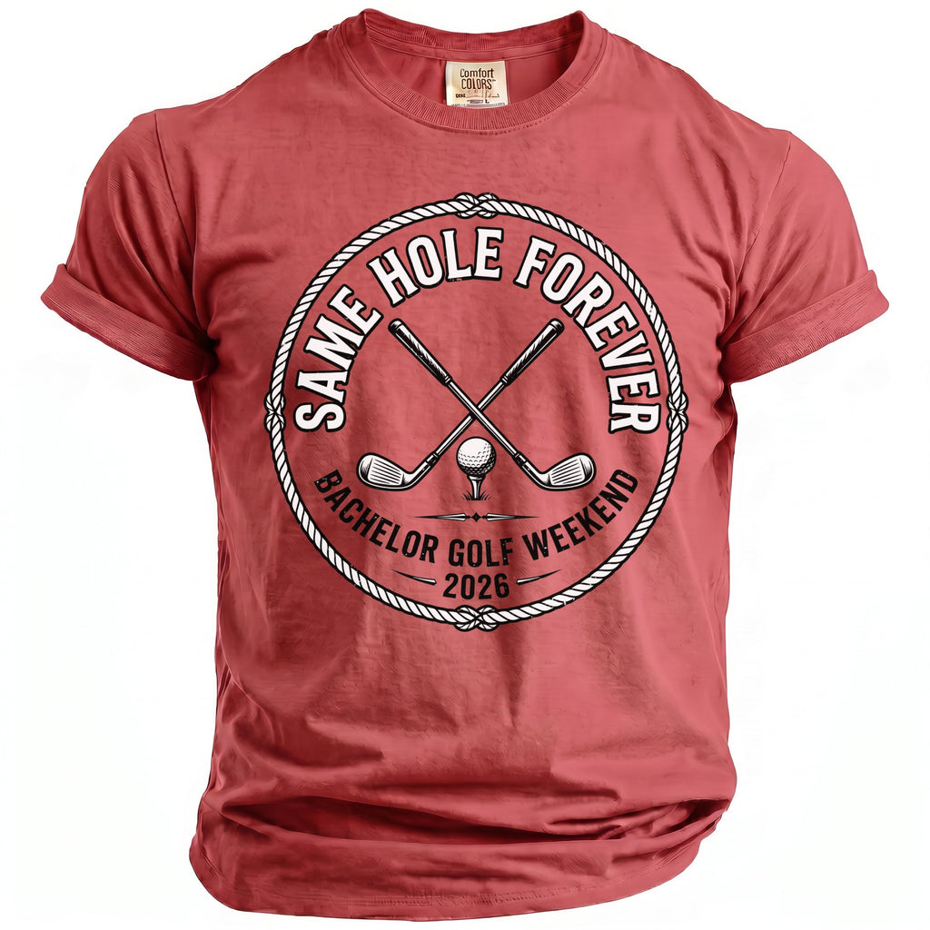 Red t-shirt with "Same Hole Forever Bachelor Golf Weekend 2026" text and golf clubs.