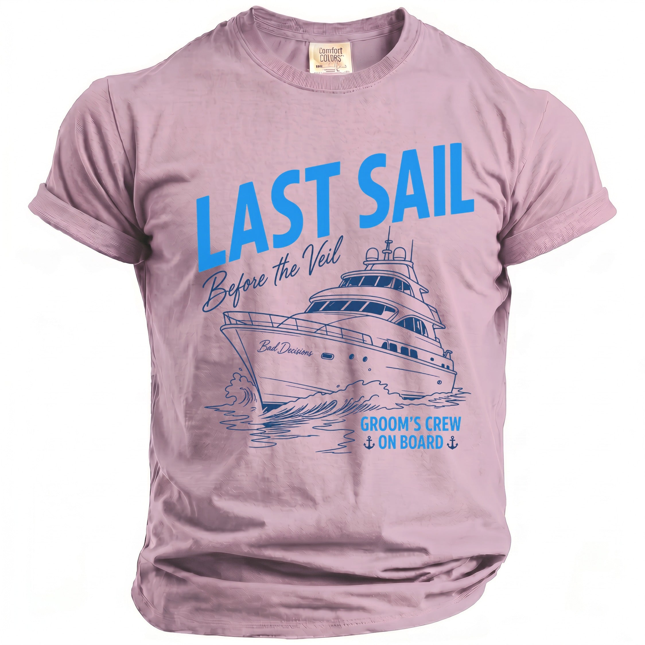 Pink t-shirt with "Last Sail Before the Veil" text and a boat graphic.