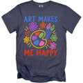 Dark gray t-shirt with "ART MAKES ME HAPPY" and art supplies graphic.