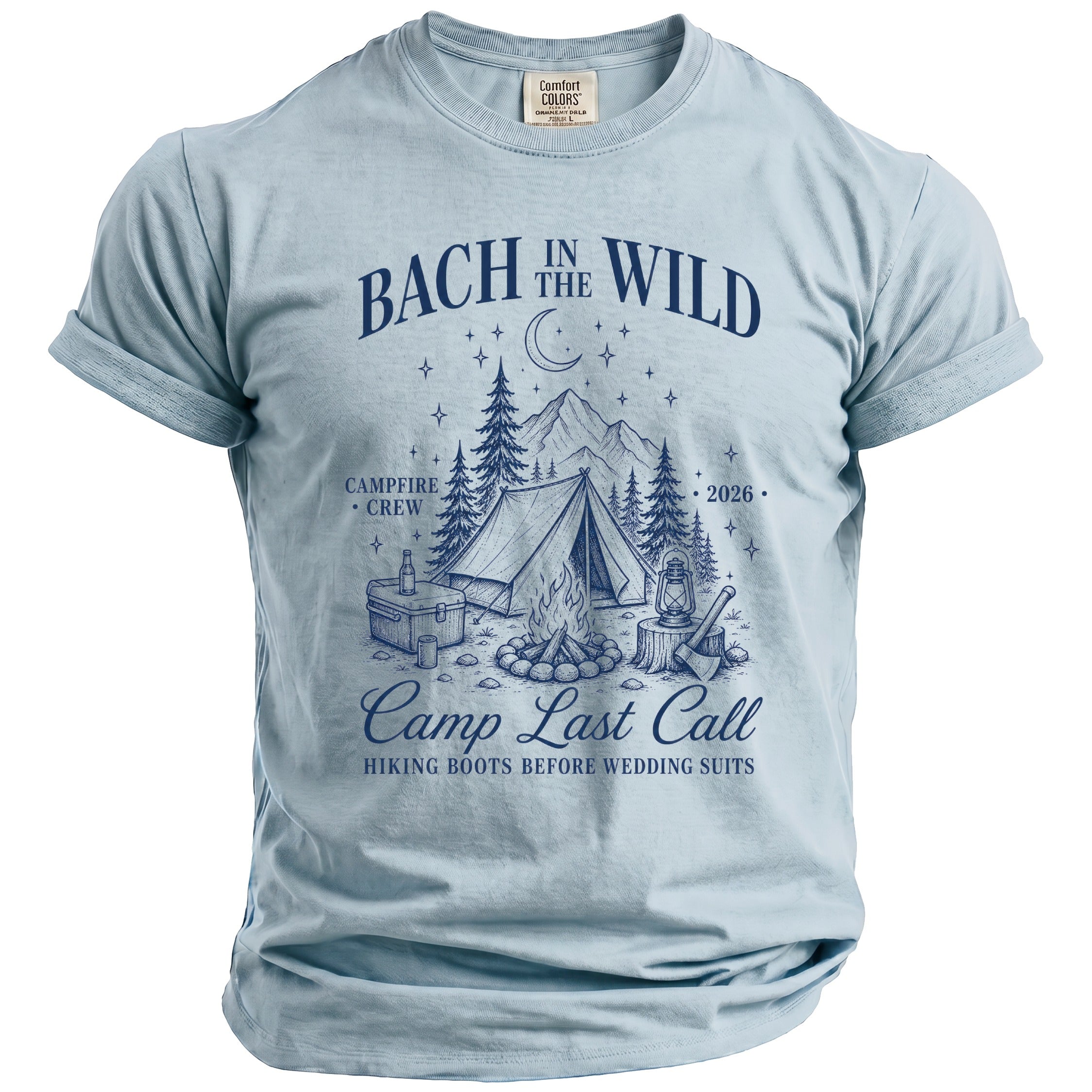 Light blue t-shirt with "Bach in the Wild" camping graphic and text.