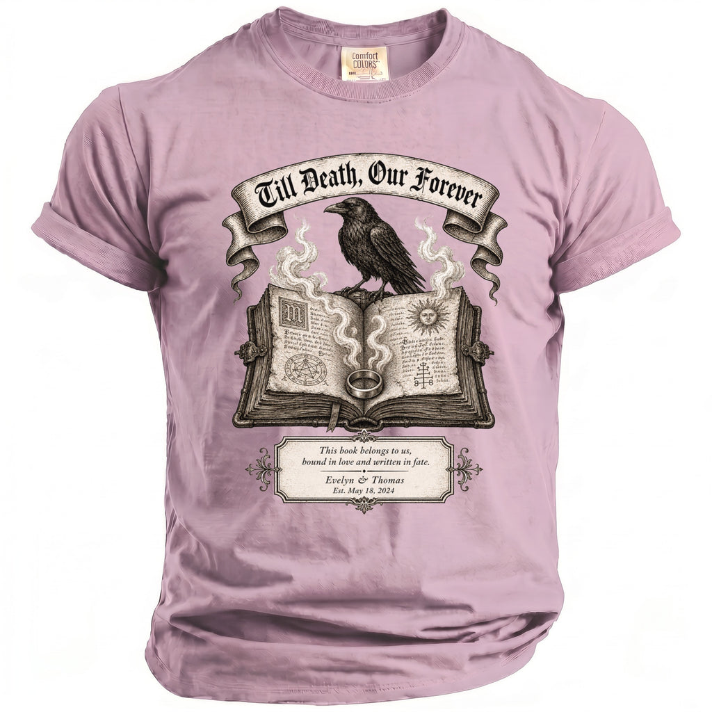 Purple t-shirt with "Till Death, Our Forever" banner, raven, ring, and personalized text.