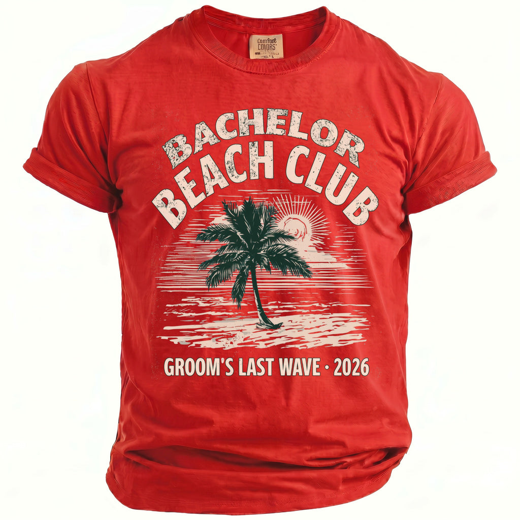 Red t-shirt with "Bachelor Beach Club" graphic and palm tree.